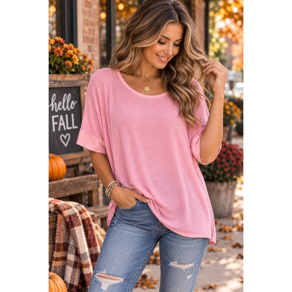 Soft Surroundings Women Pink Knit Top 3/4 Sleeve Relaxed Coastal Boho Tunic